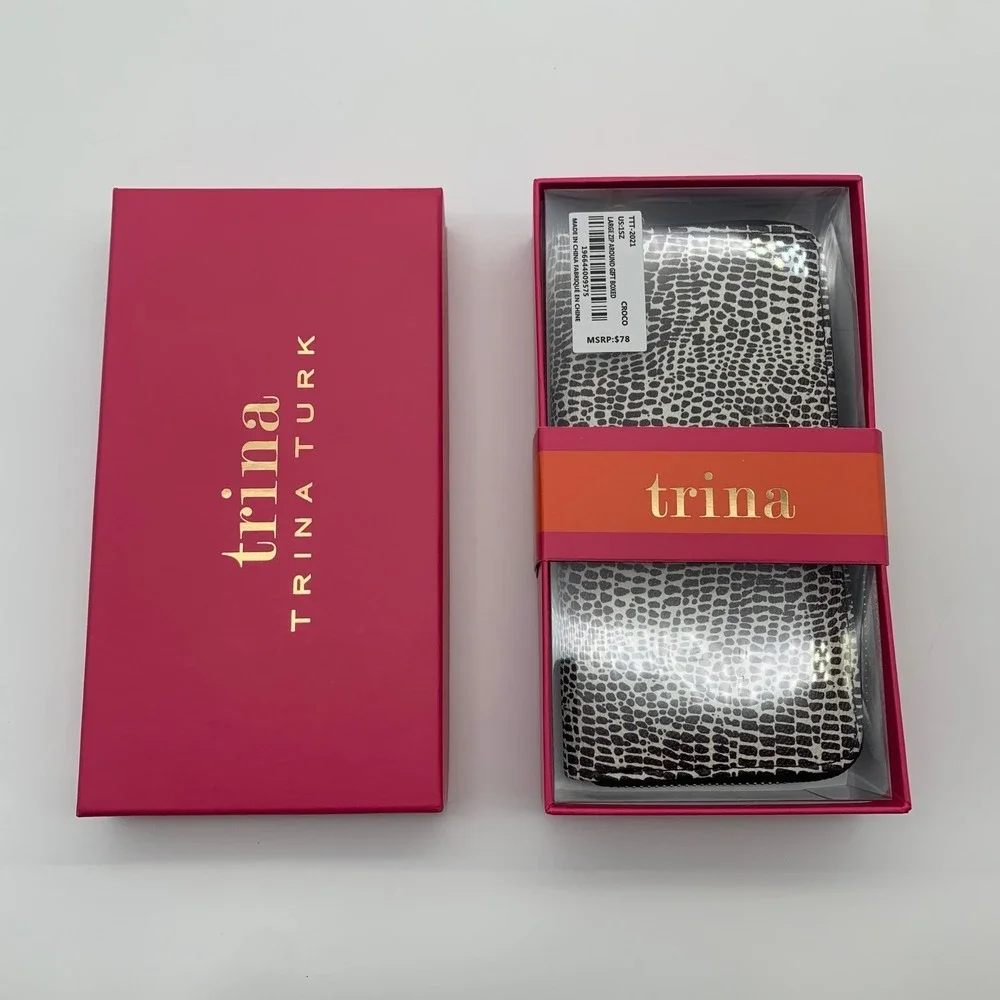 Trina Turk Wallet Womens Black White Croco Embossed Large Zip Around Gift Boxed‎